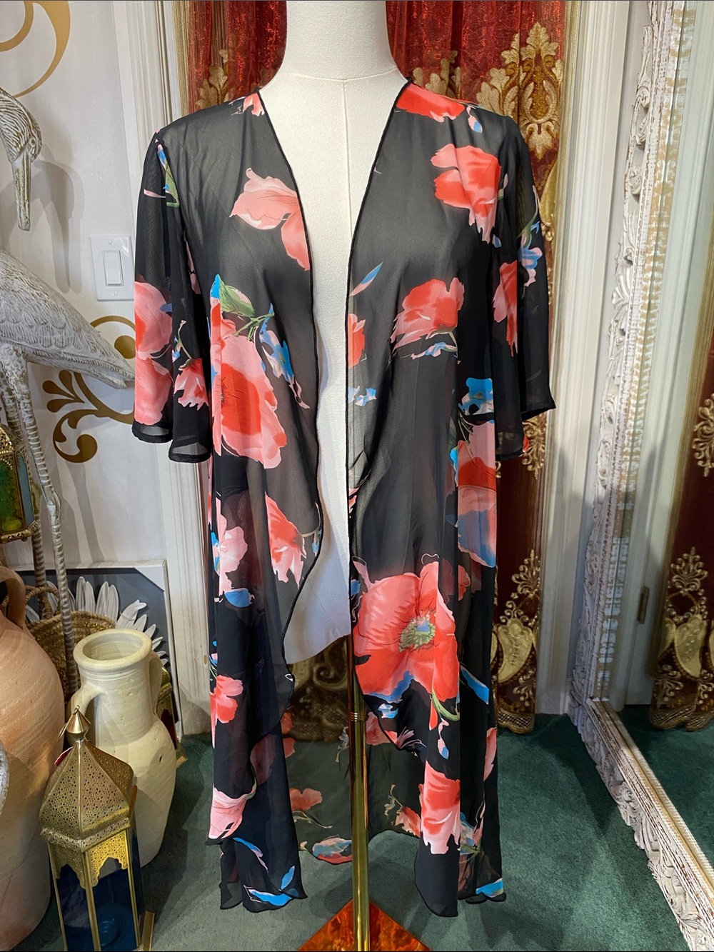 Forever 21 Sheer Black Floral Kimono Size S